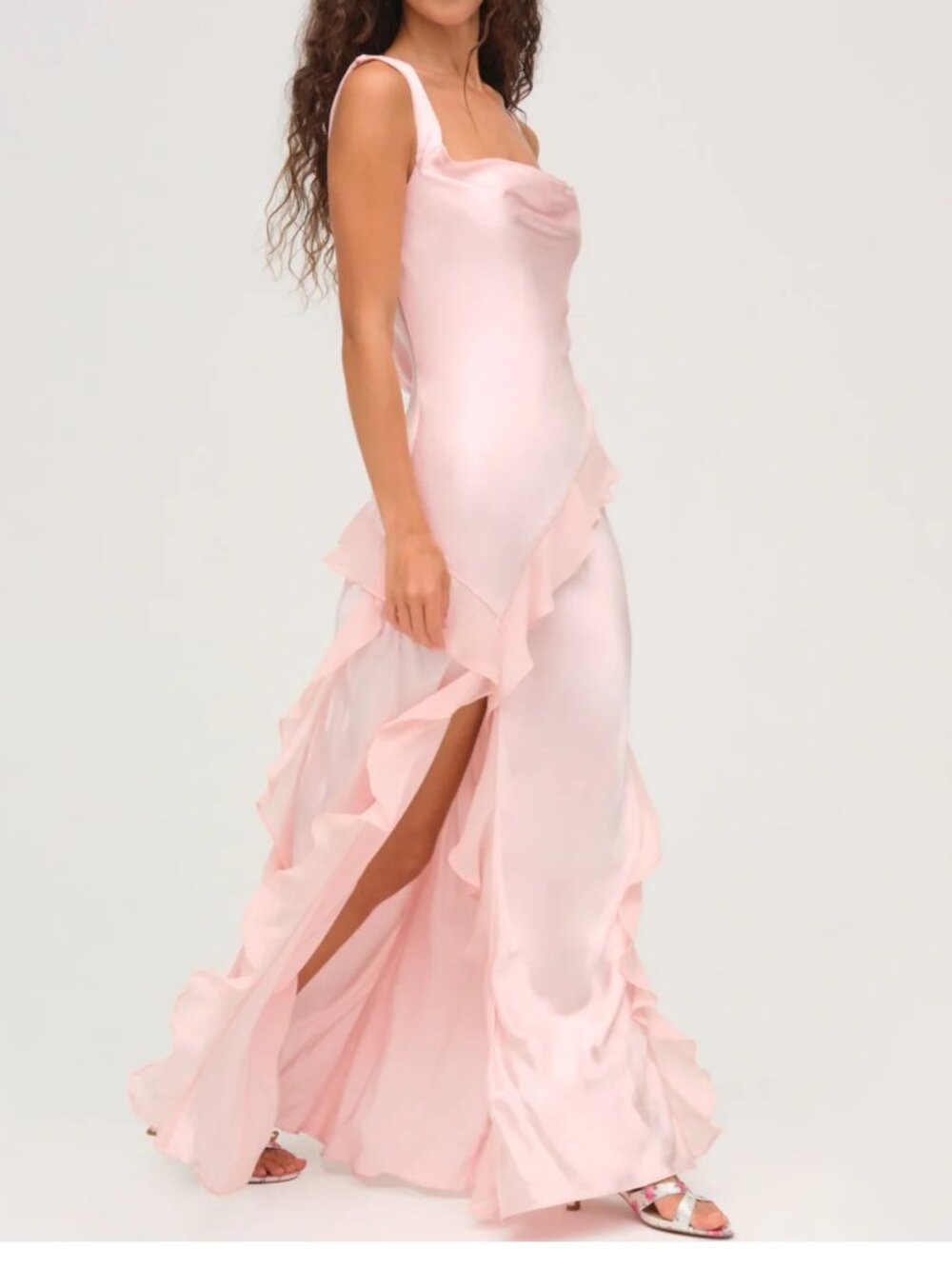 For Love & Lemons Pale Pink Satin Ruffled Maxi Dress